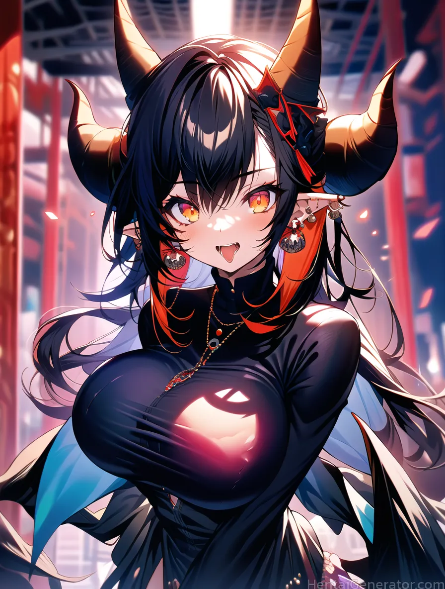  1girl hentaigenerator black hair blurry blurry background blurry foreground blush breasts cross depth of field ear piercing earrings horns jewelry la