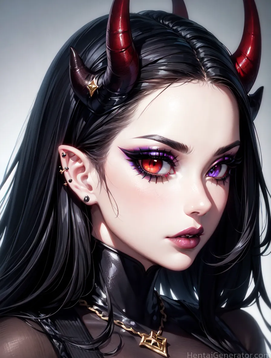  1girl hentaigenerator black hair chain cross demon horns ear piercing earrings face gradient gradient background grey background horns jewelry lips l