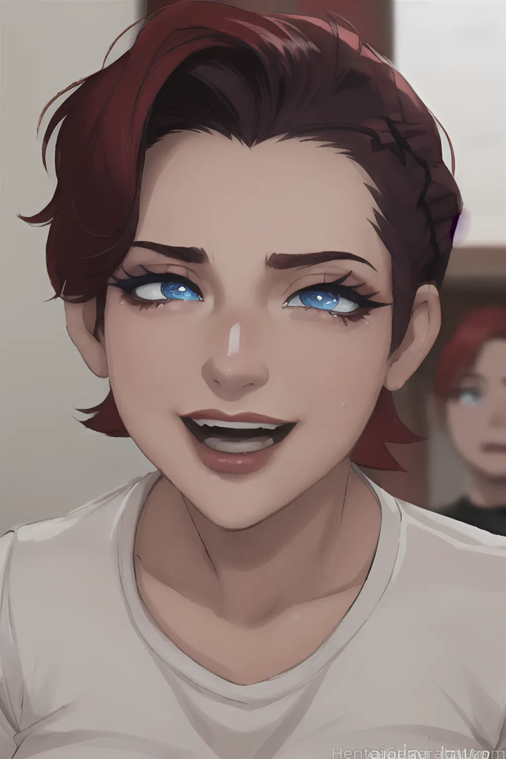  1girl hentaigenerator blue eyes blurry blurry background brown hair collarbone depth of field lips looking at viewer multiple girls nose shirt short 