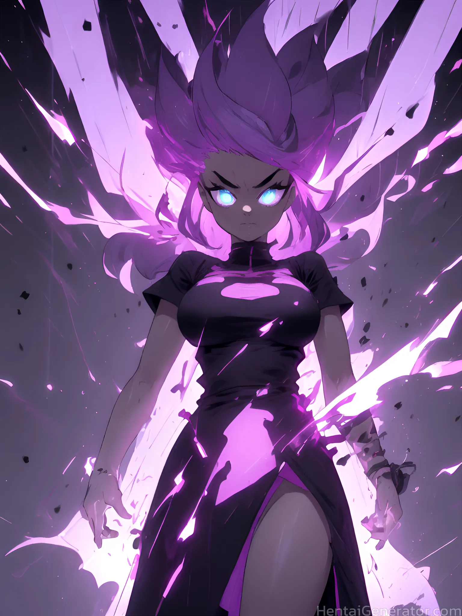  1girl hentaigenerator blue eyes breasts dark-skinned female dark skin dress fire glowing glowing eyes long hair looking at viewer medium breasts purp