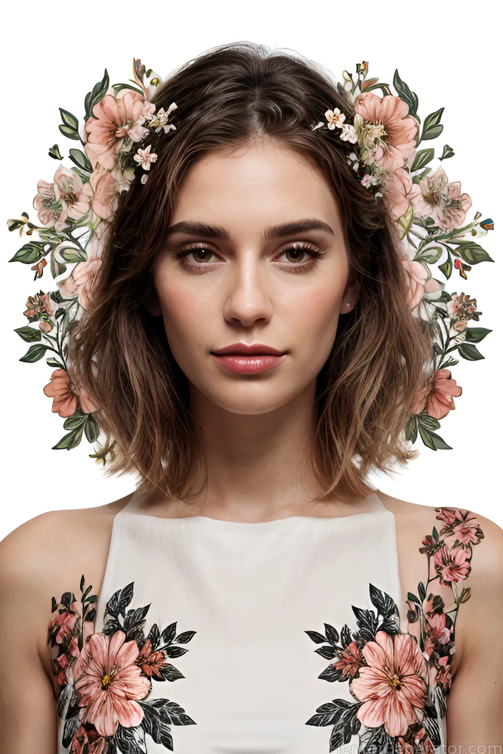  1girl hentaigenerator bouquet brown eyes bug daisy floral background flower hair flower hair ornament hibiscus lily  lips looking at viewer nose pink