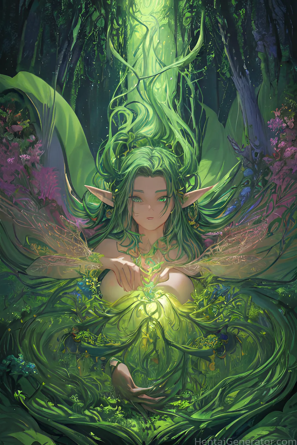  1girl hentaigenerator bush elf field fireflies floating hair flower forest grass green eyes green hair green theme jewelry jungle leaf long hair lyin