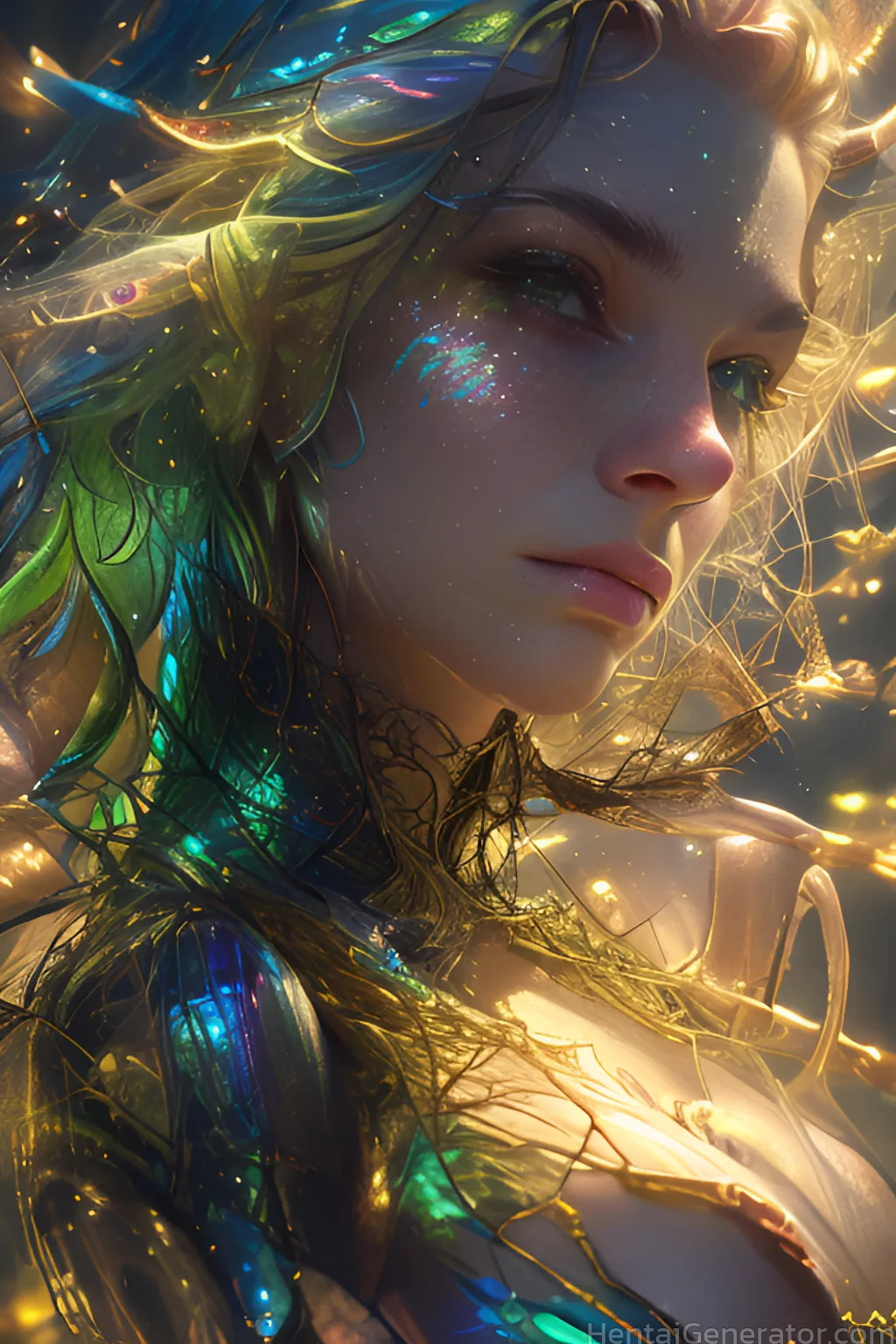  1girl hentaigenerator closed eyes eyelashes face glowing gold green eyes lips magic solo sparkle sfw  