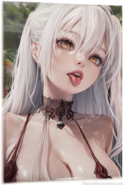  1girl p bangs bare shoulders breasts cleavage collarbone earrings hair between eyes jewelry long hair looking at viewer red lips solo tongue tongue o