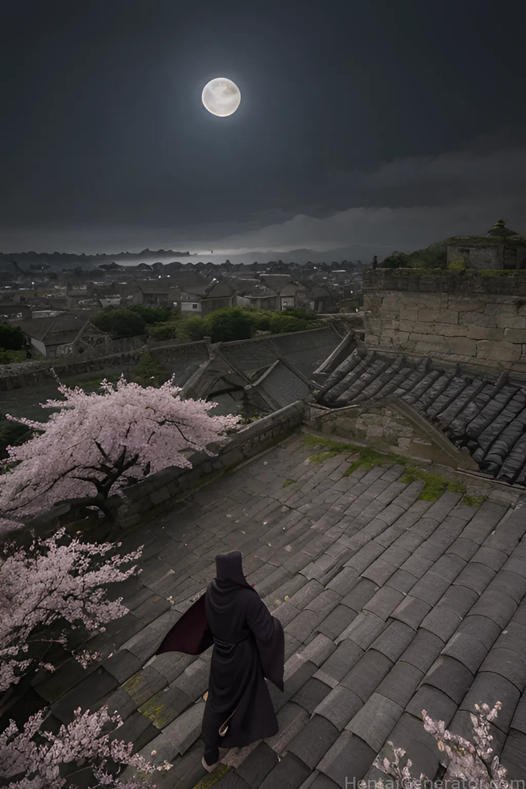  1other architecture brick wall building cherry blossoms cloud cloudy sky east asian architecture full moon japanese clothes moon moonlight night nigh