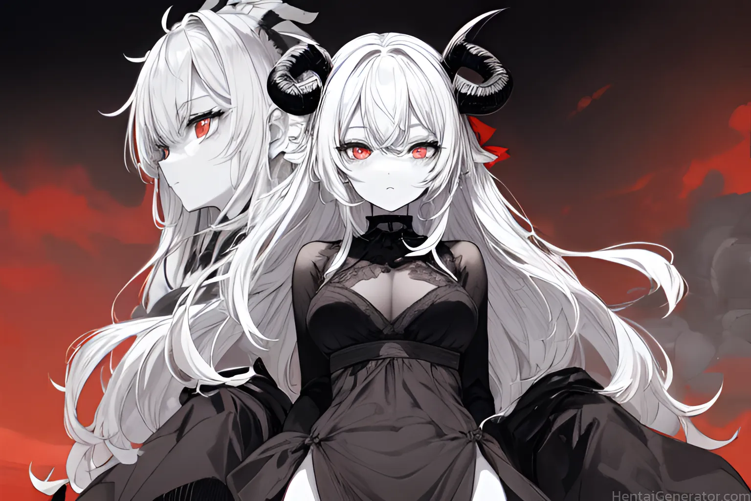  2girls abyssal ship bangs black dress breasts cleavage cloud colored skin dress horns long hair looking at viewer medium breasts multiple girls pale 