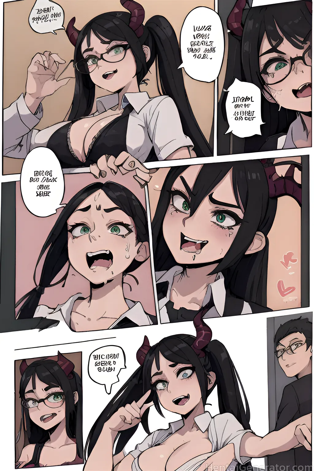  2girls adjusting eyewear bespectacled black-framed eyewear black bra blush bra breasts cleavage comic demon girl demon horns english text glasses gre