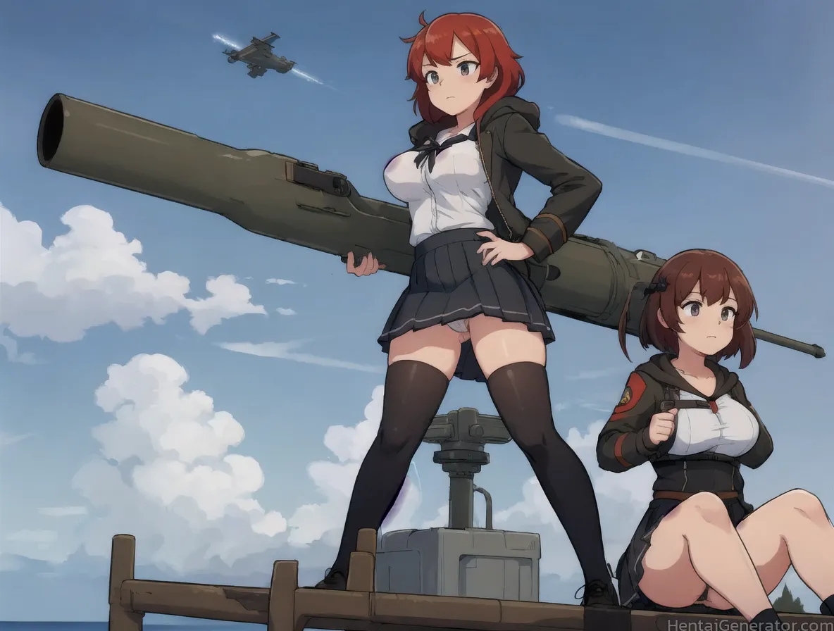  2girls aircraft airplane black legwear black skirt blue sky breasts brown eyes brown hair cloud cloudy sky condensation trail day gun hand on hip hoo