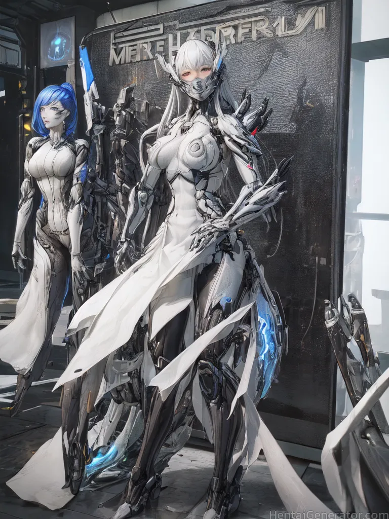  2girls android blue hair breasts cyberpunk holding weapon large breasts long hair looking at viewer multiple girls robot joints science fiction stand