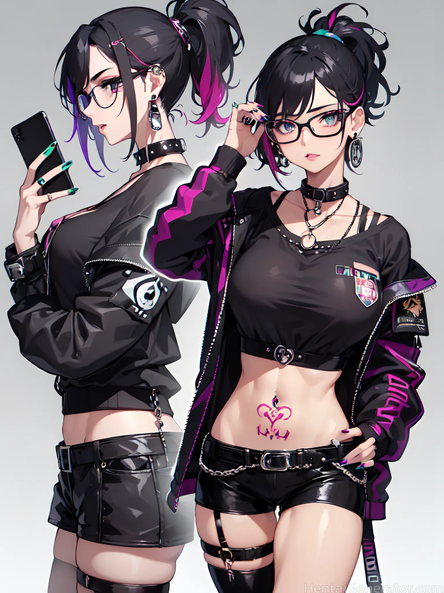  2girls aqua nails bangs belt black-framed eyewear black choker black hair black jacket black legwear black nails blue nails breasts cellphone chain c