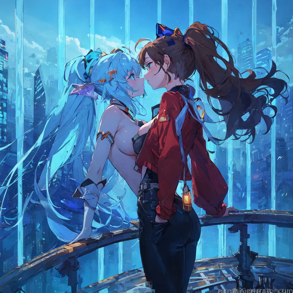  2girls arm strap armlet asymmetrical docking blue eyes blue hair blush breast press breasts bridge building city city lights cityscape earth  eye con