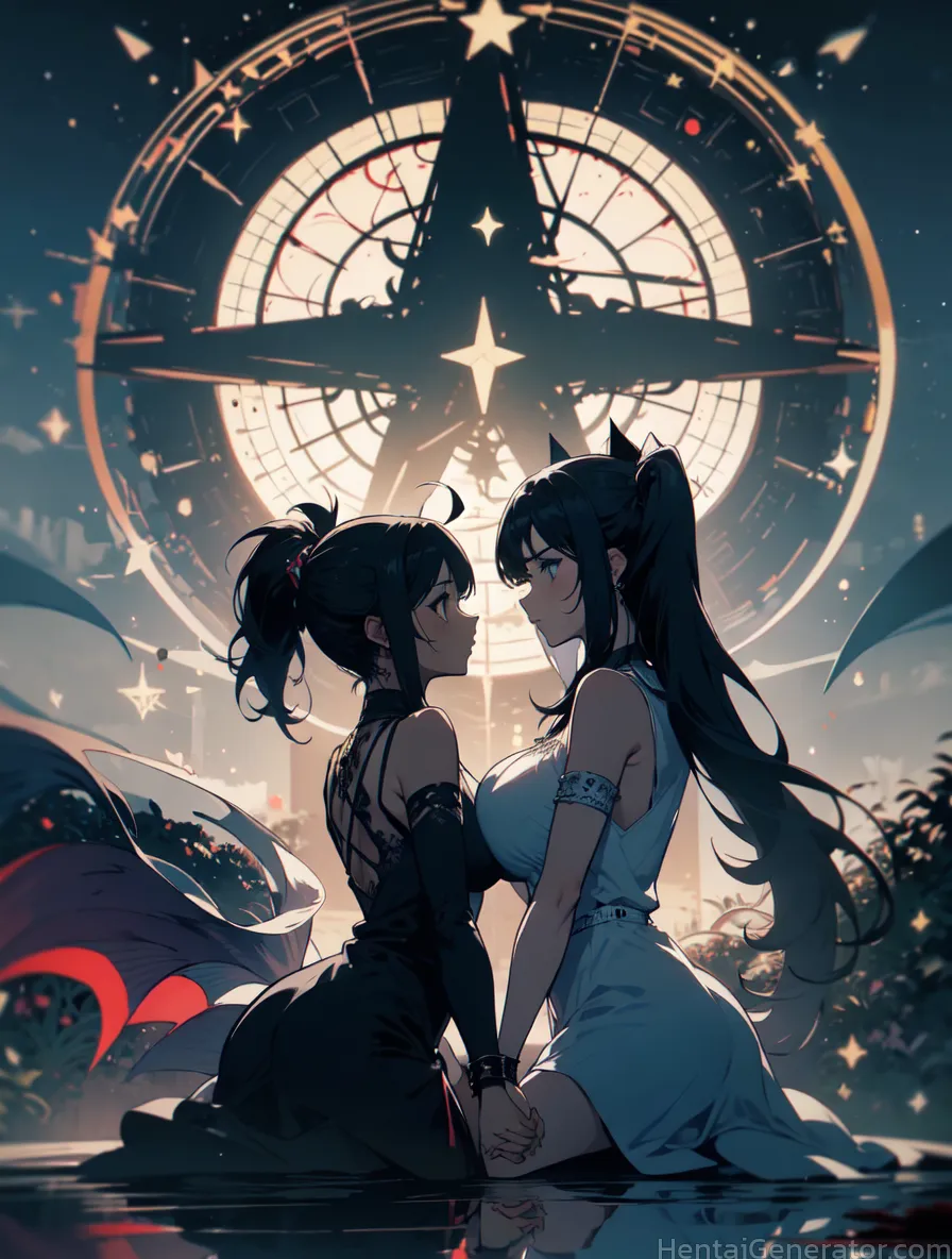  2girls armlet hentaigenerator birdcage black hair blue eyes blue hair breasts christmas tree clock constellation crescent crescent moon cross dress e