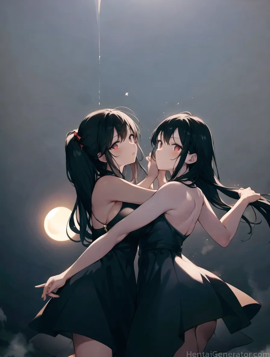  2girls bangs bare arms bare shoulders black dress black hair breasts cloud dress full moon long hair looking at viewer moon moonlight multiple girls 