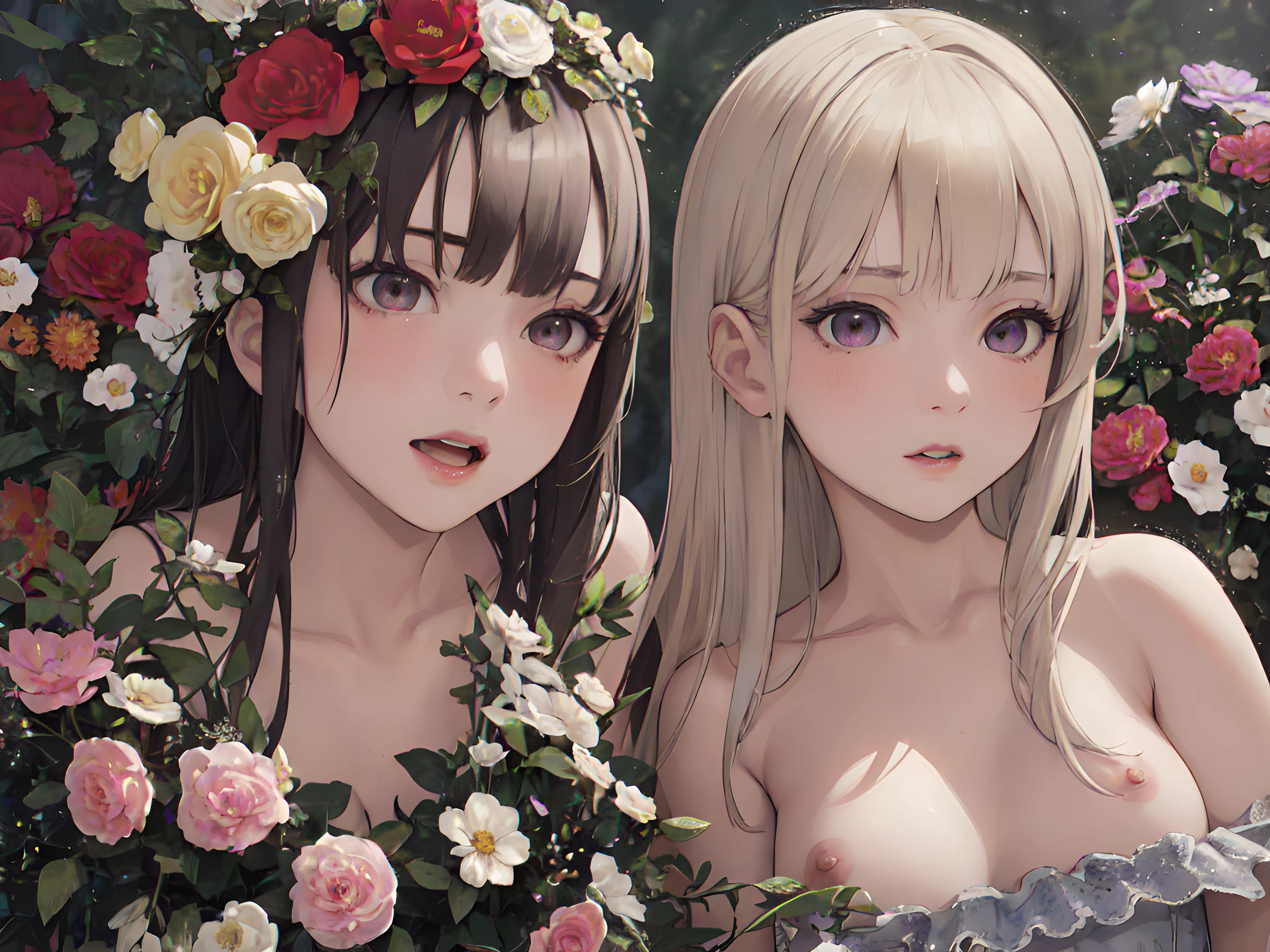  2girls bangs bare shoulders black flower black rose blonde hair blue rose bouquet breasts bridal veil camellia daisy floral background flower flower 