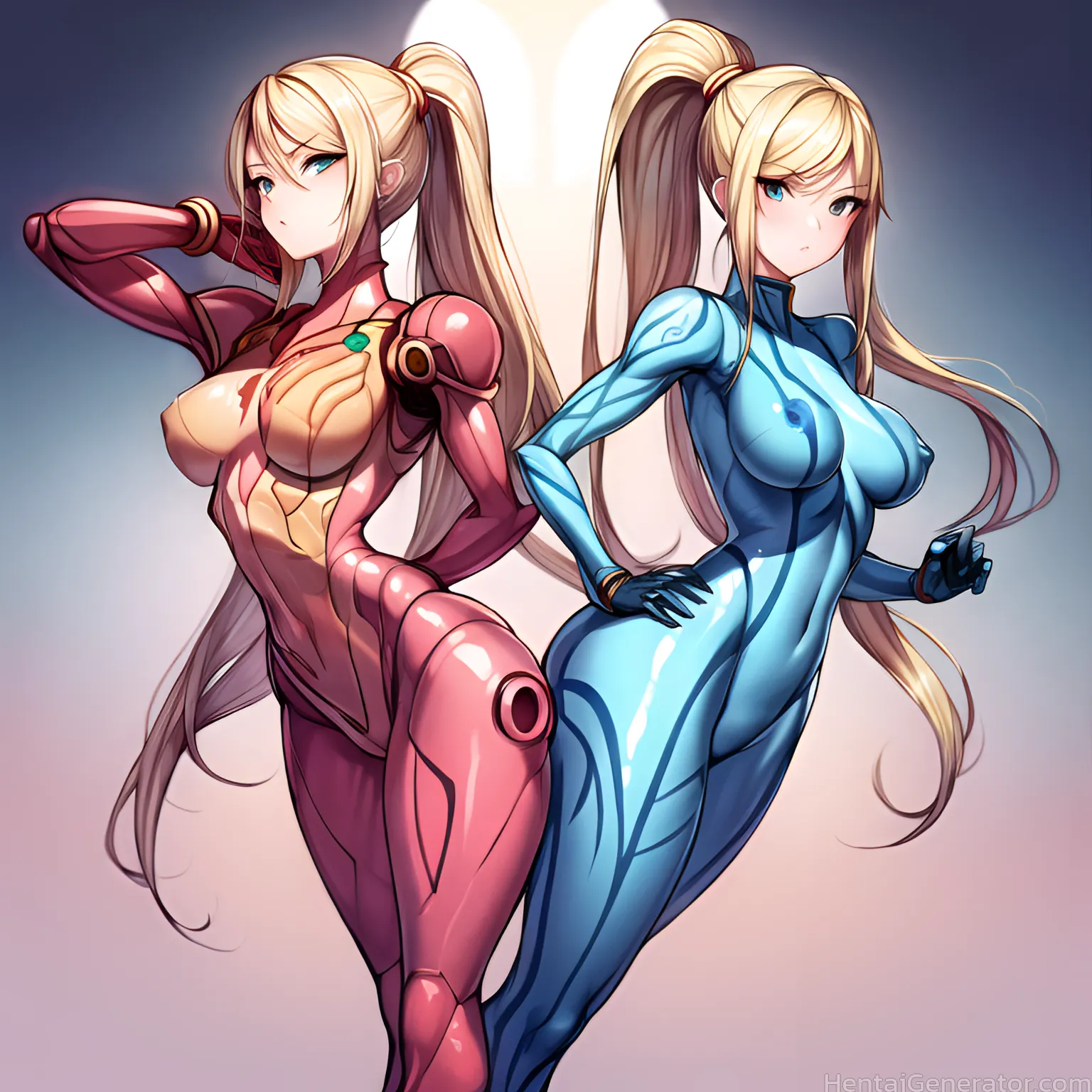  2girls bangs blonde hair blue eyes bodysuit breasts closed mouth covered navel covered nipples eyebrows visible through hair gradient gradient backgr