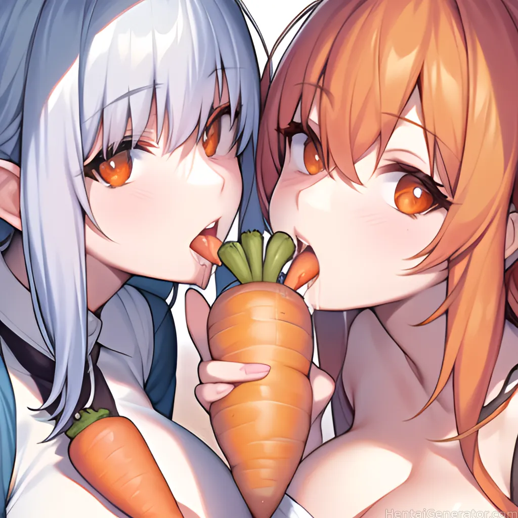  2girls bangs blush breasts brown eyes carrot cleavage collarbone eyebrows visible through hair fellatio food hair between eyes holding large breasts 