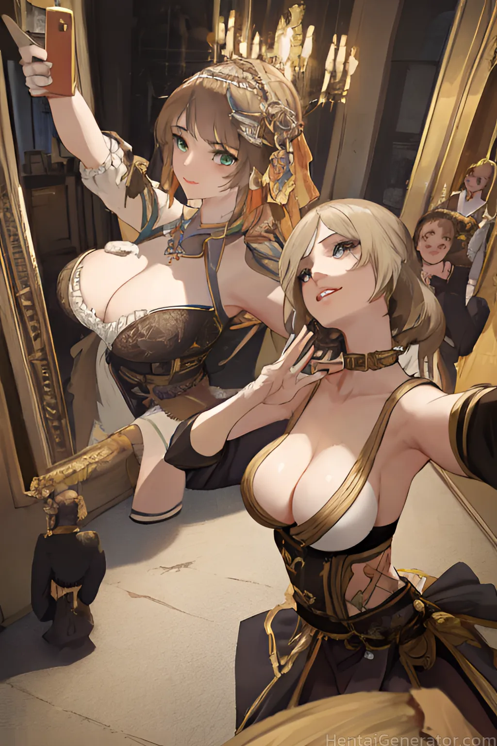  2girls bare shoulders blonde hair bookshelf breasts cleavage dress green eyes large breasts long hair looking at viewer multiple girls outstretched a