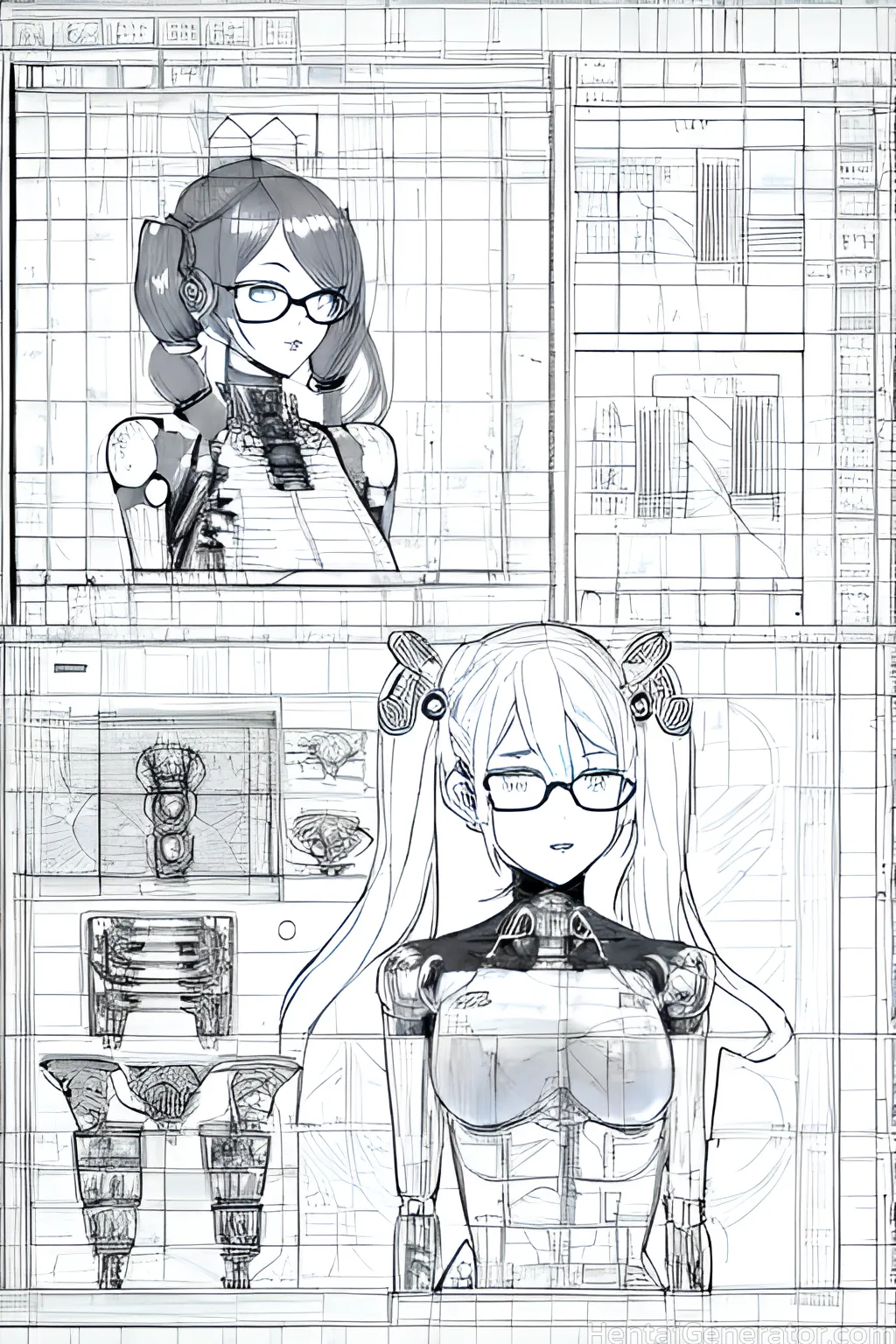  2girls black-framed eyewear breasts building closed eyes glasses greyscale hair ornament long hair monochrome multiple girls semi-rimless eyewear sho