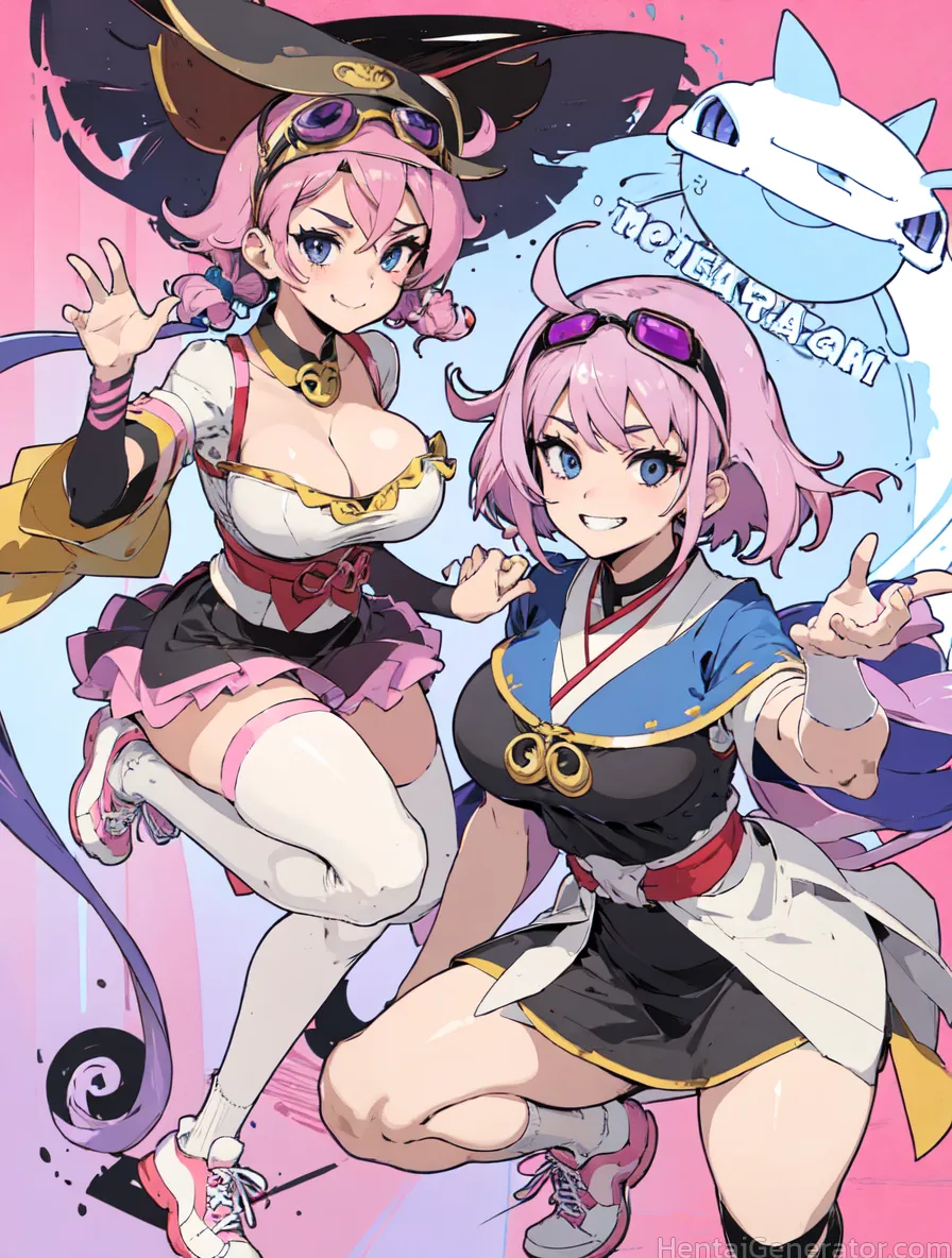  2girls blue eyes breasts cleavage eyewear on head goggles goggles on head grin japanese clothes large breasts looking at viewer multiple girls outstr