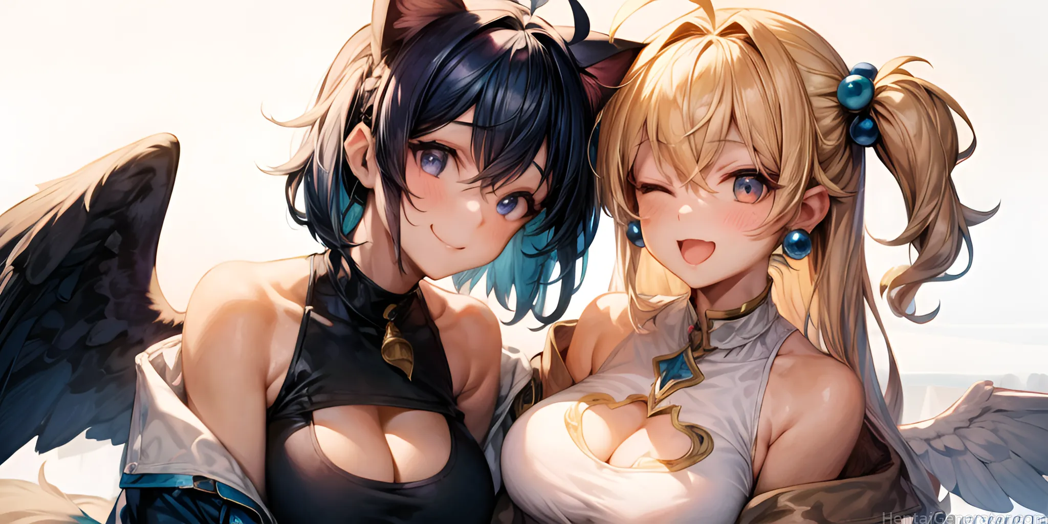  2girls d angel angel wings animal ears armpit crease bangs bare shoulders black hair black wings blonde hair blue eyes blue hair blush breasts brown 