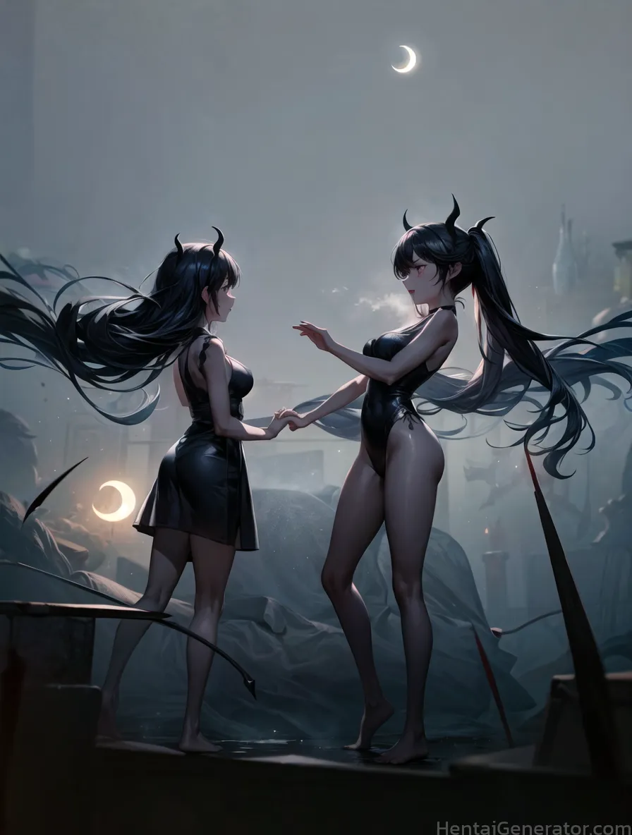  2girls hentaigenerator barefoot black dress black hair breasts cloud cloudy sky crescent crescent moon dress full moon horns long hair looking at ano