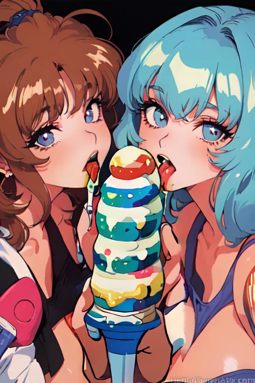  2girls p bikini blue eyes breasts brown hair collarbone dessert earrings food hair scrunchie ice cream ice cream cone jewelry licking long hair looki