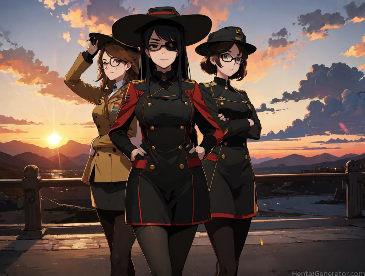  3girls adjusting eyewear black hair brown hair building buttons cityscape cloud cloudy sky double-breasted dusk evening explosion fireplace glasses g