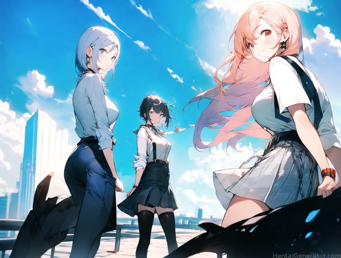  3girls black hair black legwear blonde hair blue eyes blue sky breasts building cloud cloudy sky condensation trail day earrings horizon jewelry larg