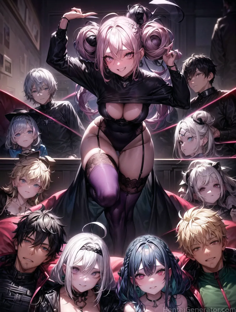  4boys 4girls 5girls 6boys ahoge bangs black hair blonde hair blush braid breasts choker cleavage cleavage cutout clothing cutout double bun earrings 