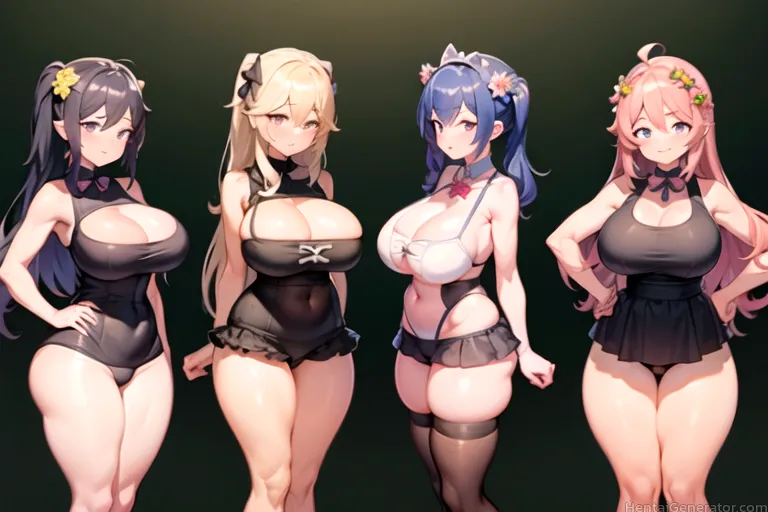  4girls ahoge alternate breast size bangs bare shoulders black dress black hair black legwear black swimsuit blonde hair blue eyes blue hair blush bow