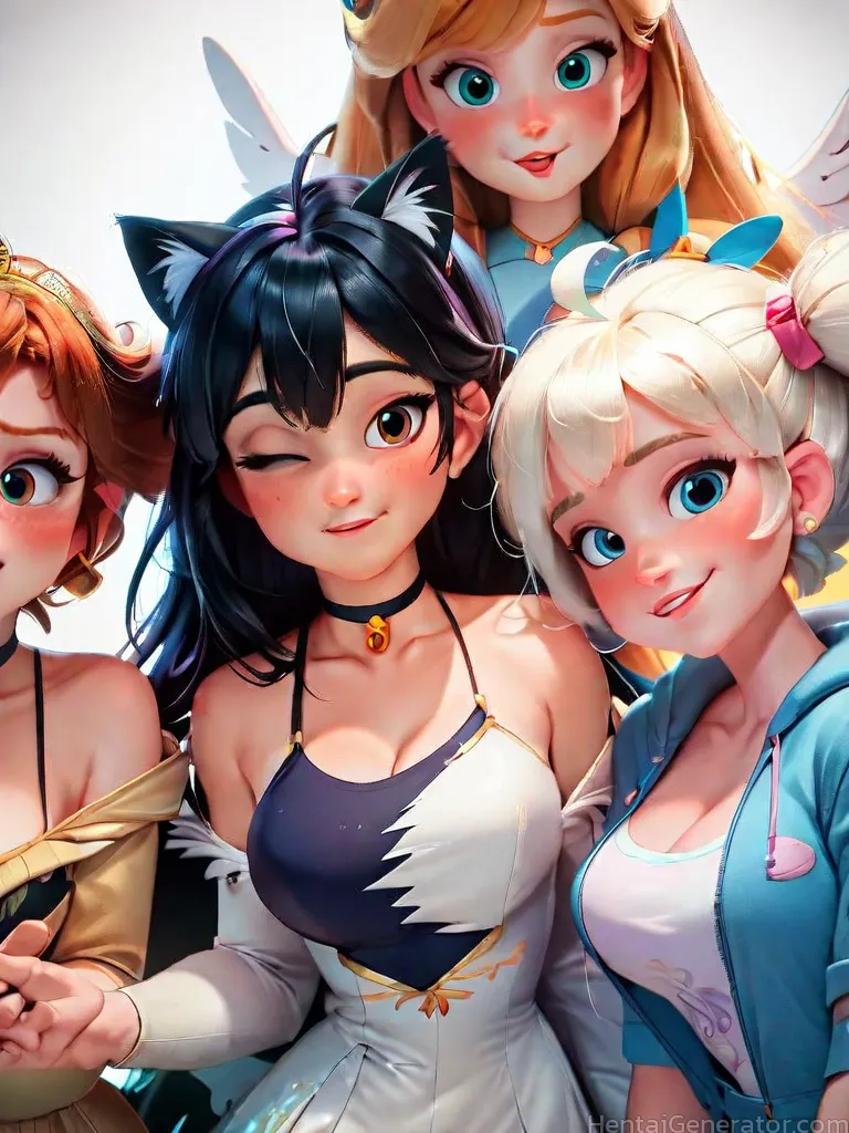  4girls ahoge animal ears hentaigenerator bare shoulders bell black choker black hair blonde hair blue choker blue eyes blush breasts brown eyes cat e