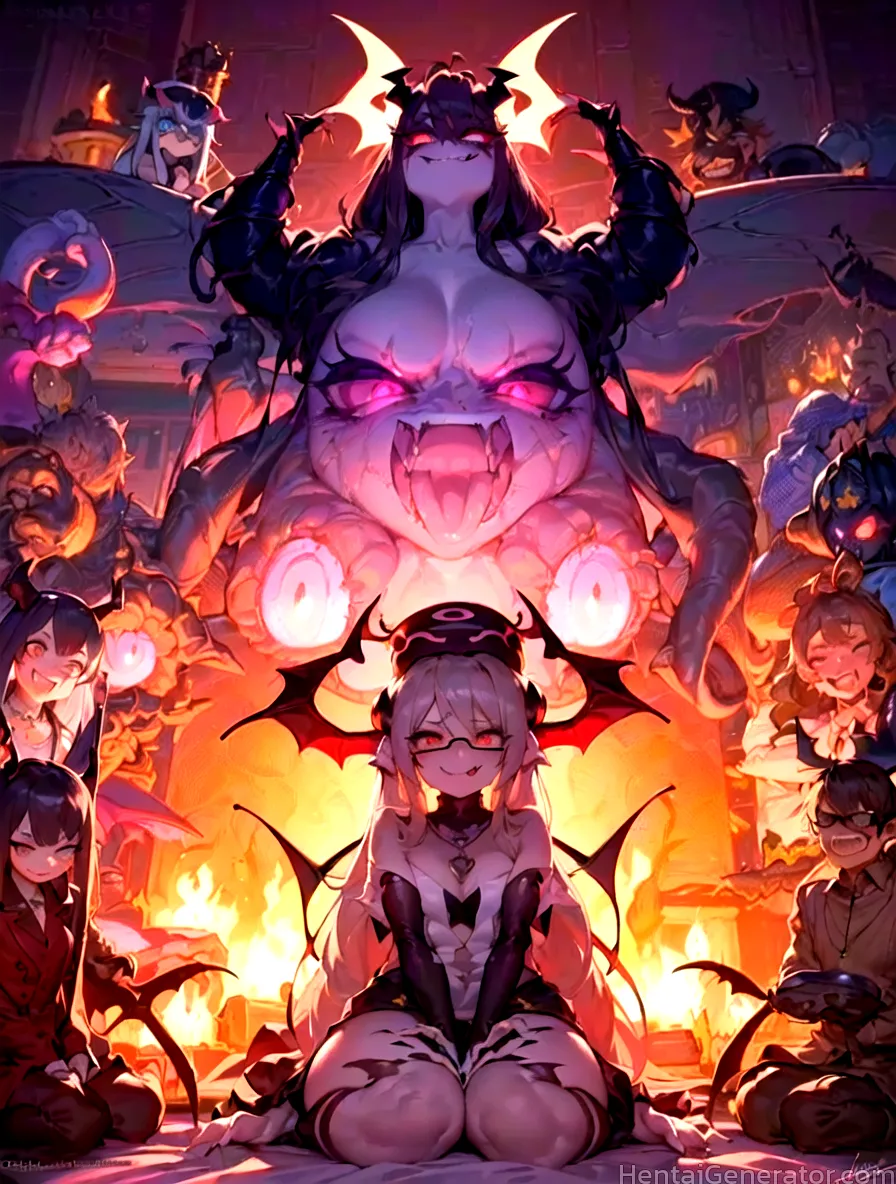  5girls 6girls autumn bat bat wings black hair breathing fire burning campfire candle candlelight demon demon girl demon horns demon tail demon wings 