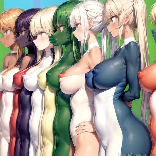  5girls 6girls hentaigenerator bare shoulders black hair blonde hair blush breasts covered navel covered nipples dark-skinned female dark elf dark ski