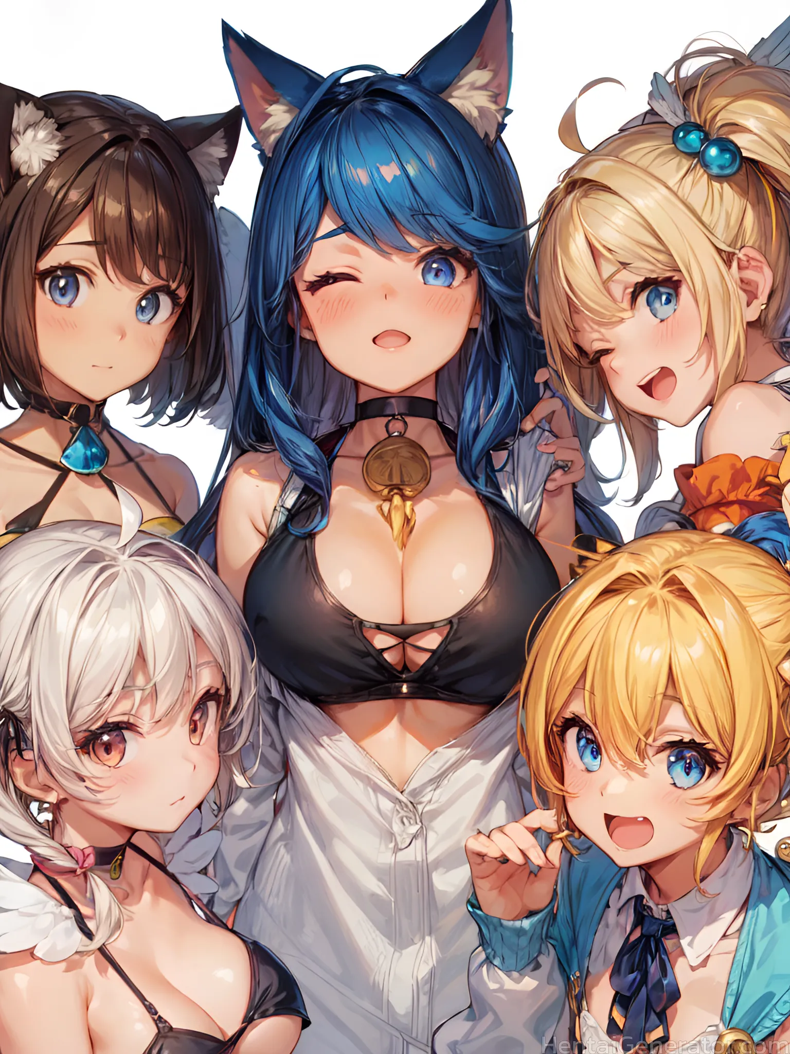  5girls ahoge animal ear fluff animal ears bangs bare shoulders bell bikini black bikini black bra black choker blonde hair blue bikini blue eyes blue