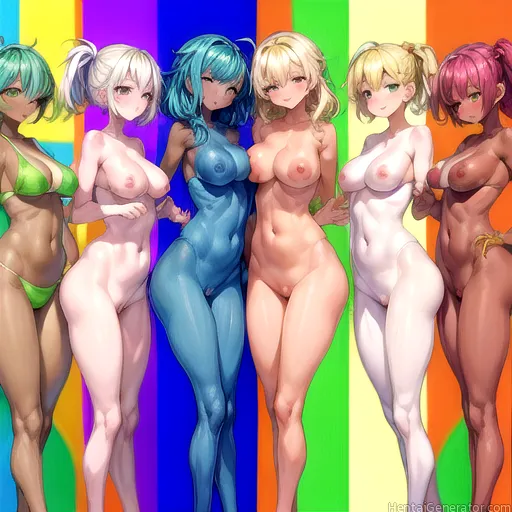  5girls ahoge aqua hair armpits ass visible through thighs bangs blonde hair blue hair blush breasts brown eyes closed mouth collarbone covered navel 