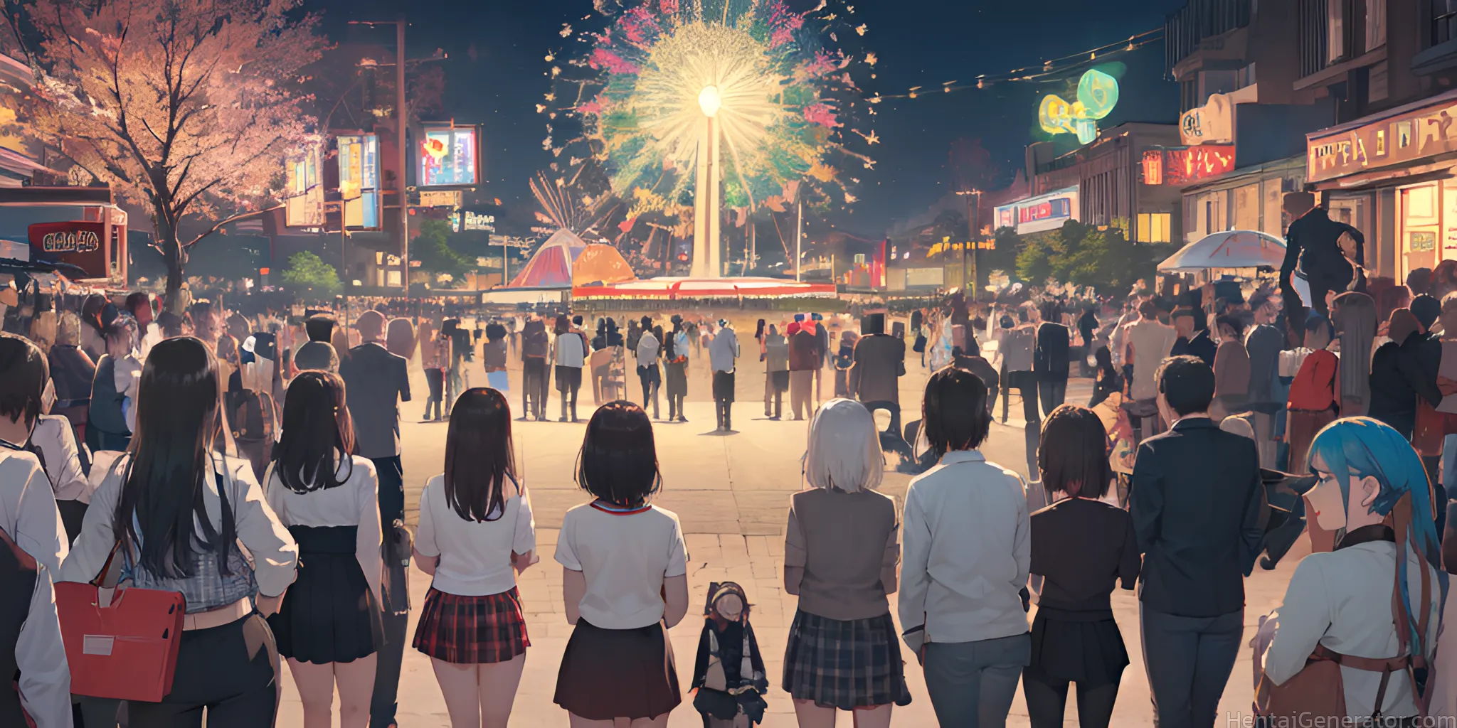  6boys 6girls aerial fireworks architecture black hair black skirt brown hair building city cityscape crowd east asian architecture facing away ferris