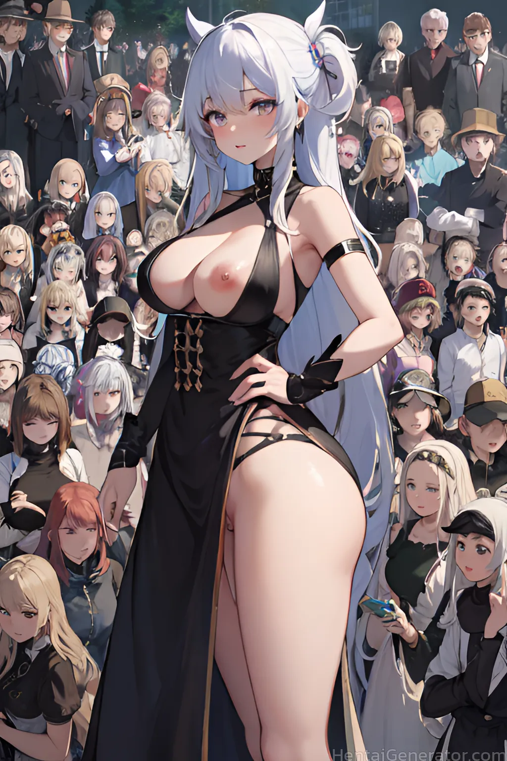  6boys 6girls ahoge animal ears armlet bare shoulders beard black dress black hair blonde hair blue eyes blush breasts china dress chinese clothes cle