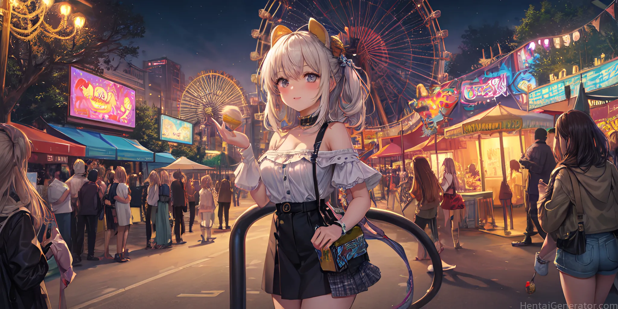  6girls aerial fireworks animal ears bag bare shoulders black skirt blonde hair blue eyes bow breasts brown hair choker city city lights cityscape cle