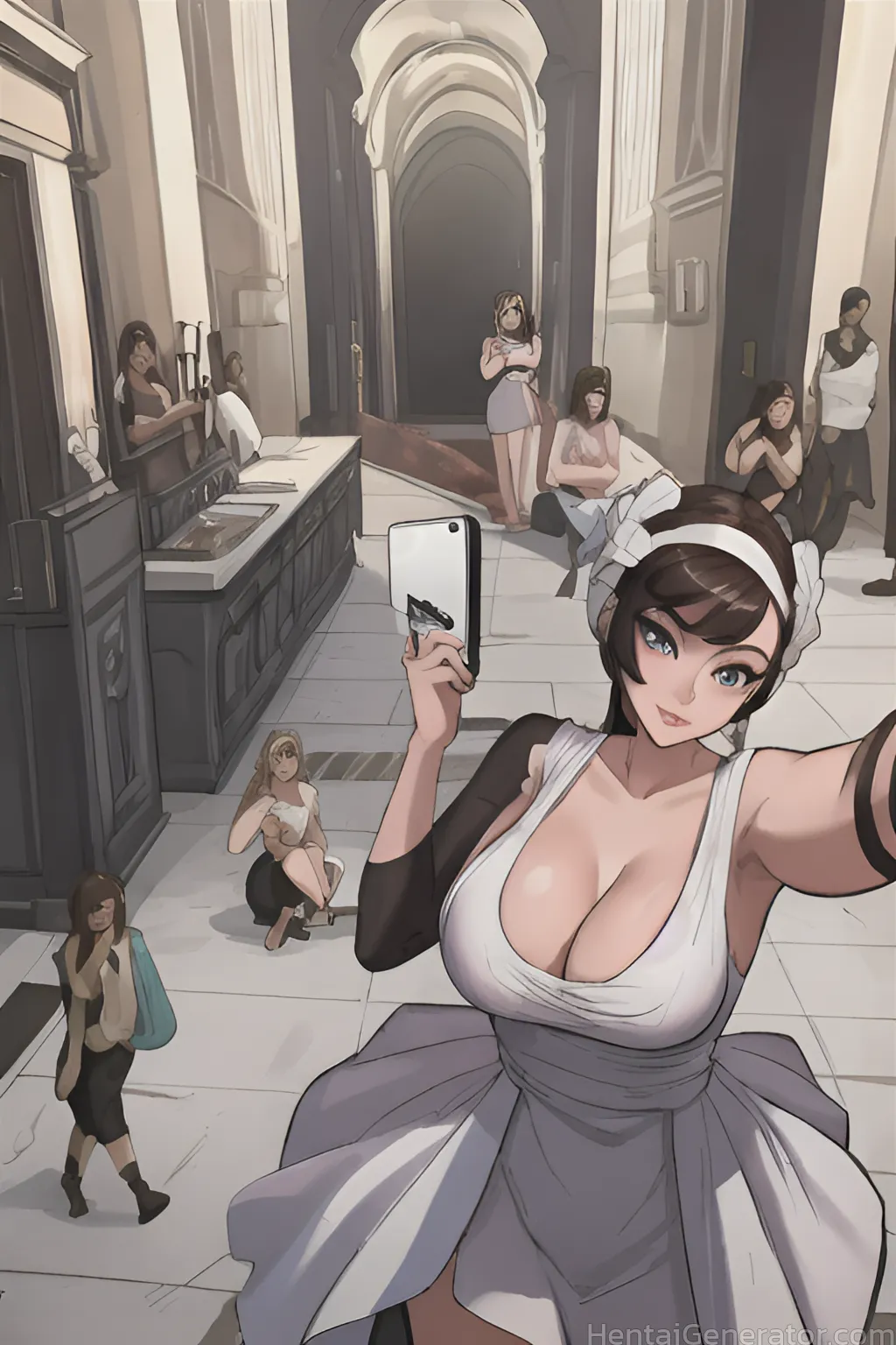  6girls black hair blonde hair breasts brown hair cellphone cleavage dress hairband large breasts multiple boys multiple girls phone short hair smartp