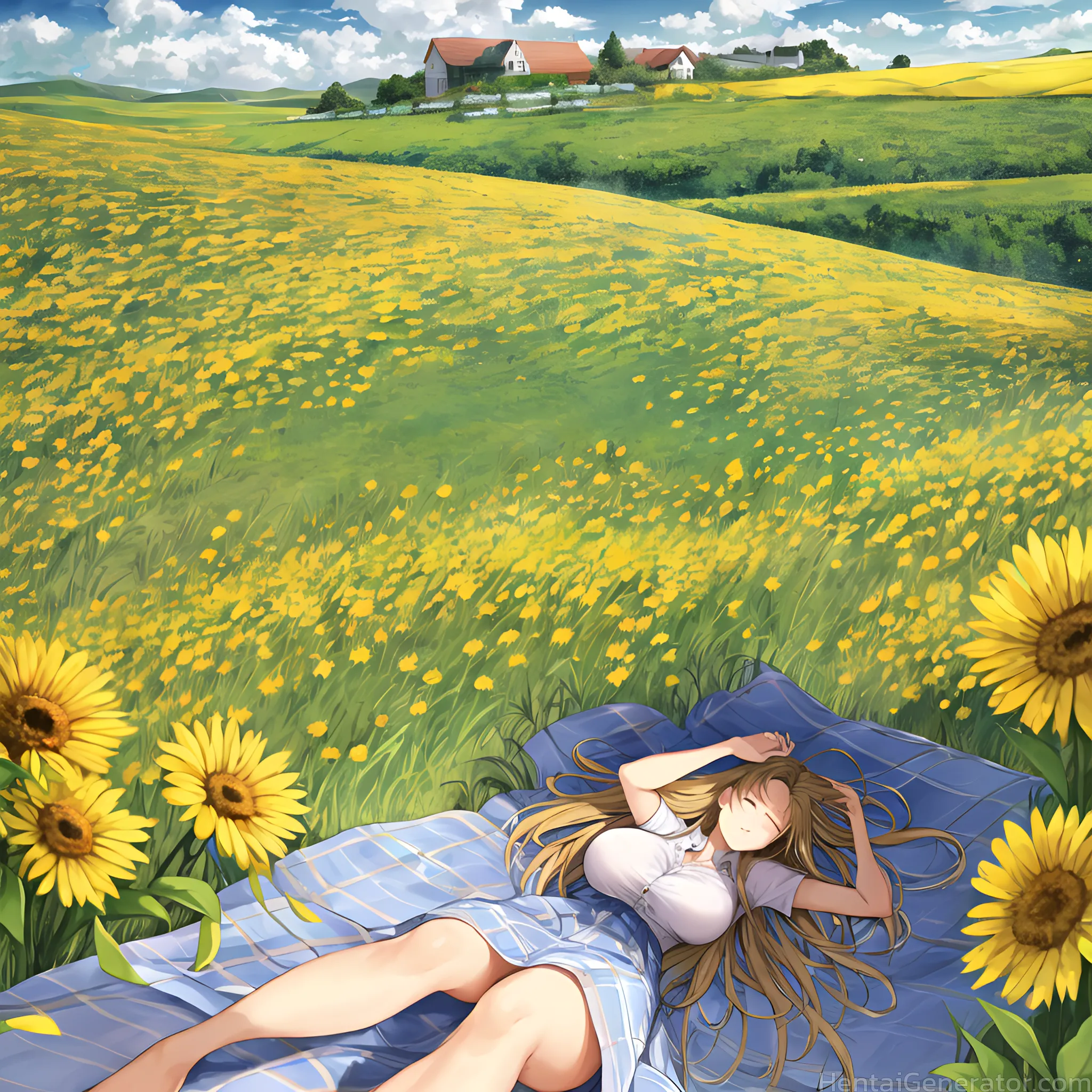  aerial fireworks bangs bare legs blue dress blue skirt blue sky bouquet breasts brown hair closed eyes cloud cloudy sky collared shirt condensation t