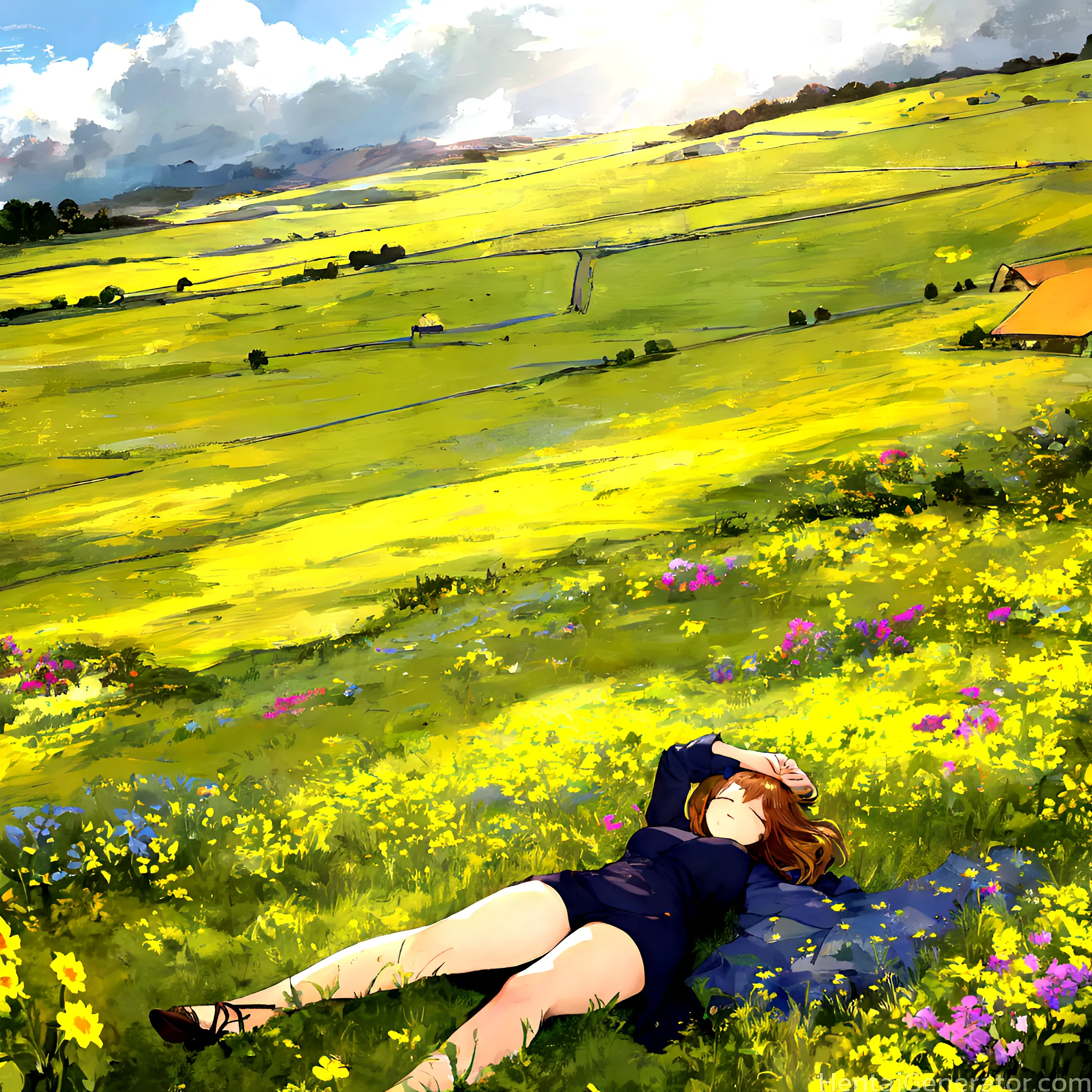  against tree blue sky brown hair bush closed eyes cloud cloudy sky daisy dandelion dappled sunlight day field flower flower field forest garden grass