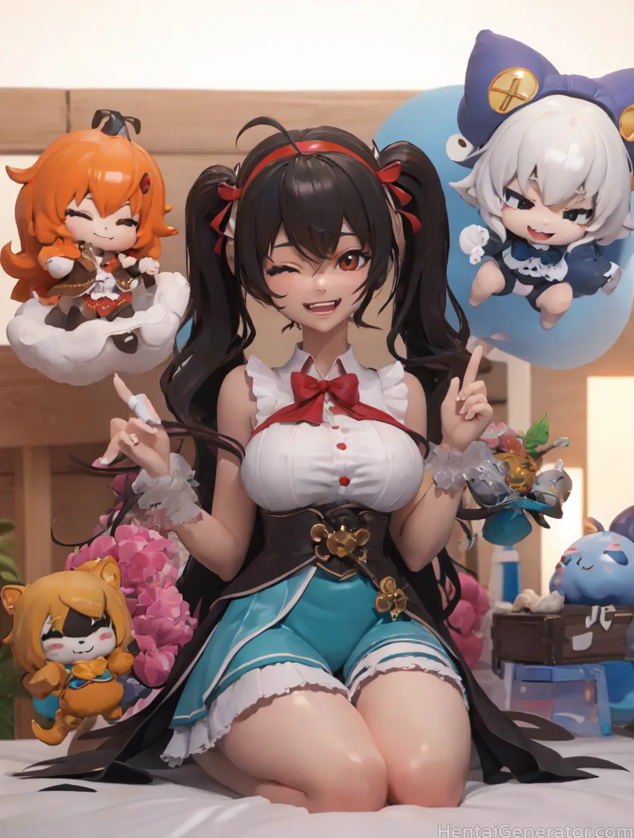  ahoge animal ears black hair breasts character doll chibi closed eyes long hair multiple girls one eye closed open mouth orange hair seiza sitting sm