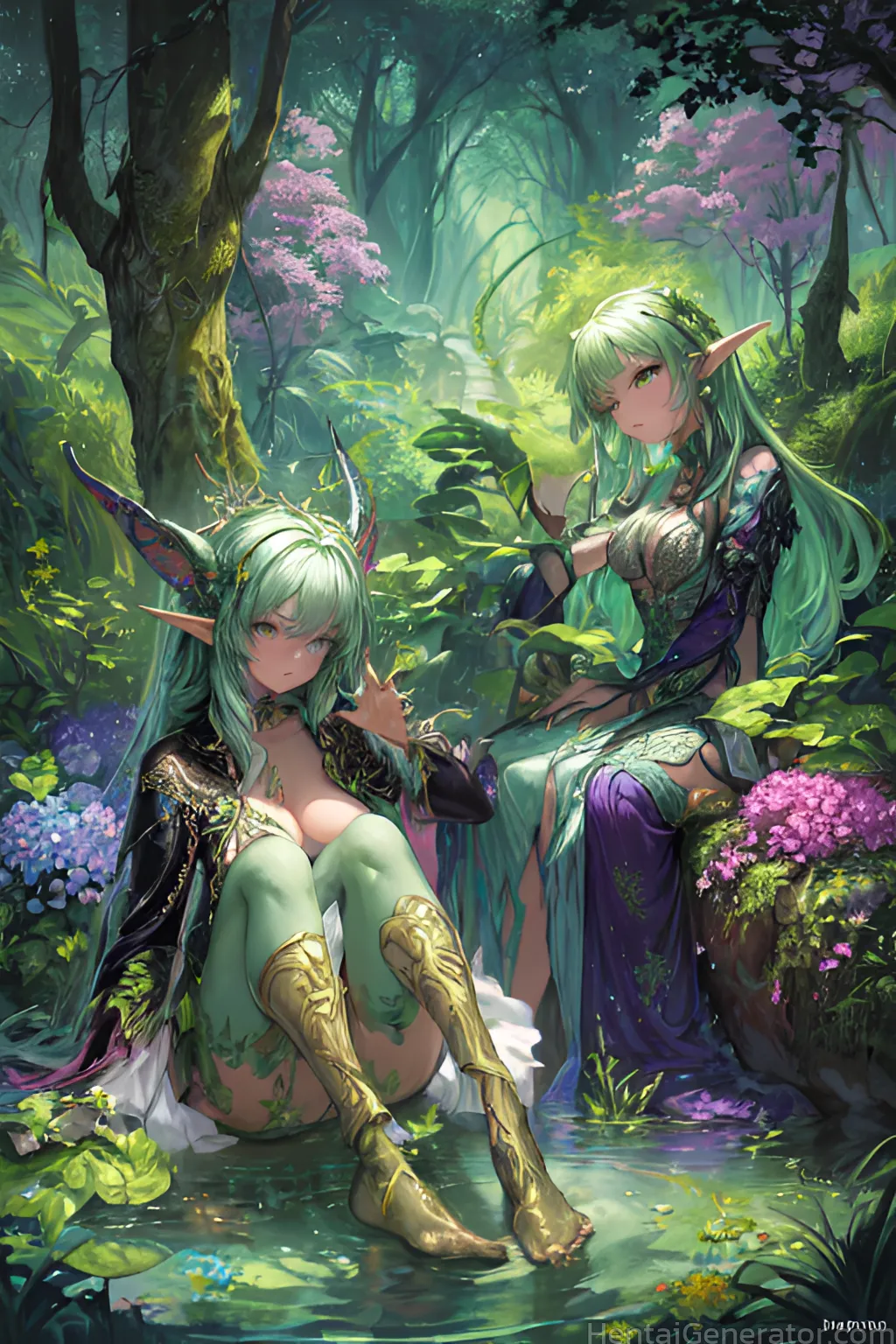  ahoge bangs barefoot boots breasts bush closed mouth day dress elf flower forest gloves grass green eyes green hair hydrangea large breasts leaf log 