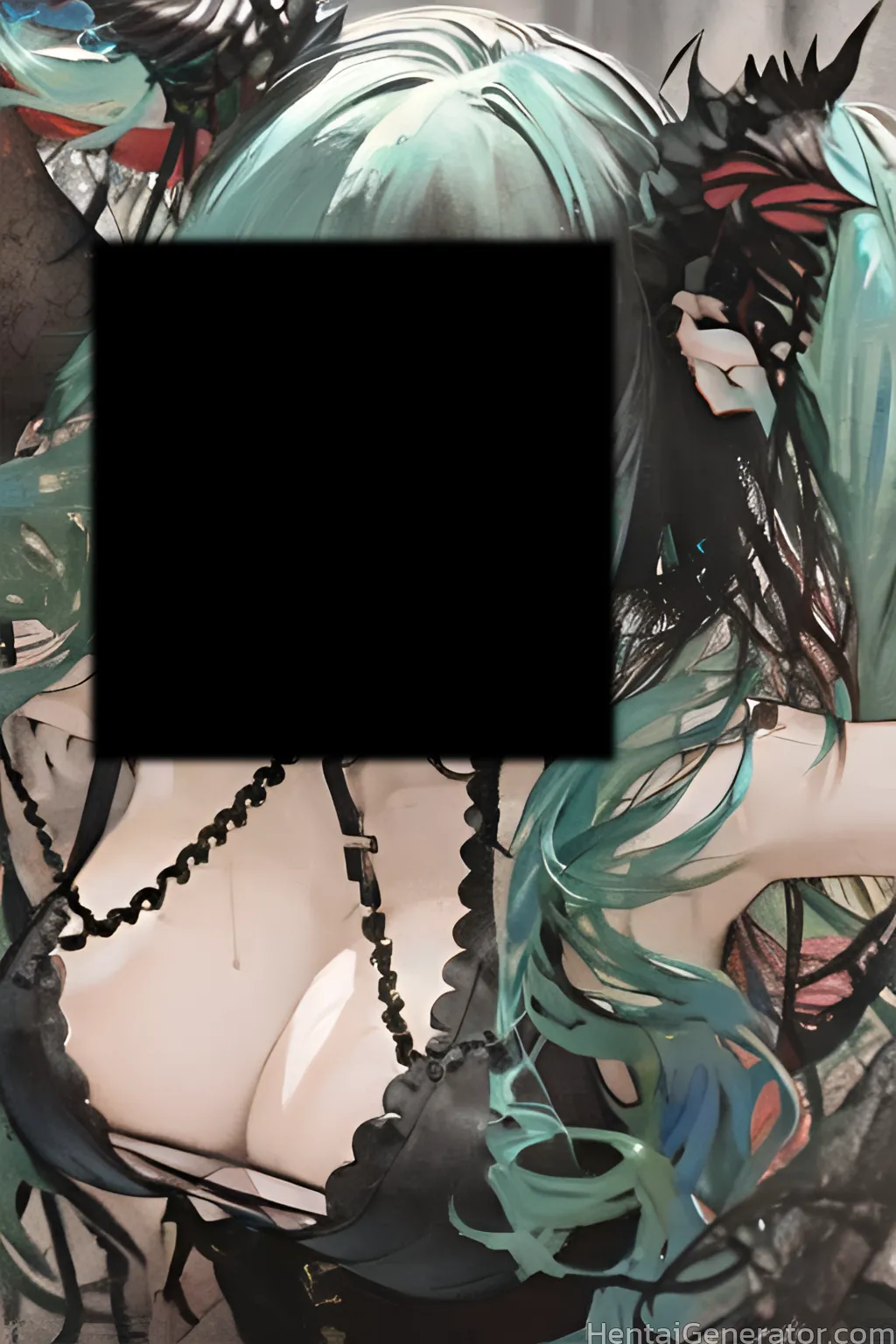  aqua hair breasts from behind green hair lace long hair multiple girls twintails hatsune miku sfw  