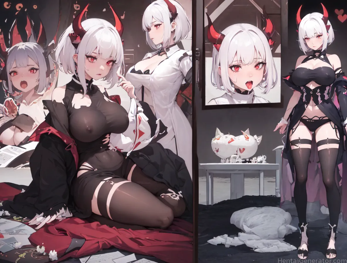  bare shoulders black legwear breasts cleavage horns large breasts looking at viewer multiple girls open mouth red eyes short hair thighhighs tongue t