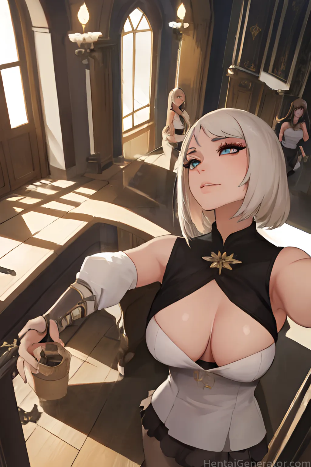  bare shoulders blue eyes breasts cleavage cleavage cutout clothing cutout large breasts multiple girls short hair watermark white hair window sfw  