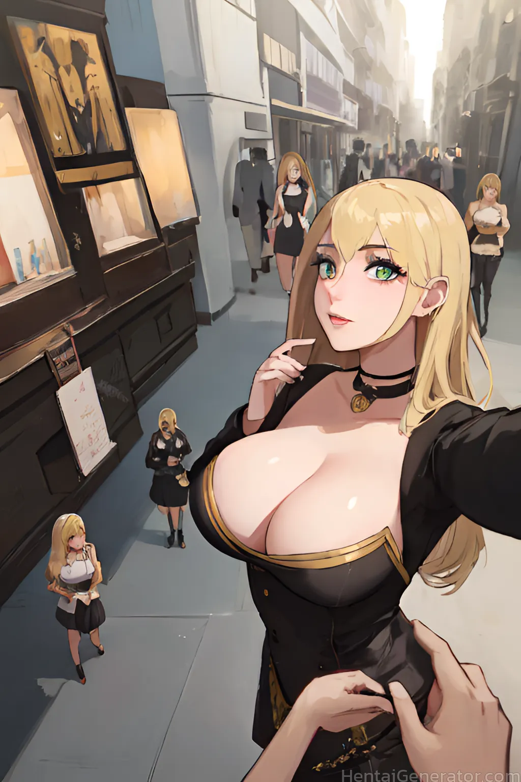  blonde hair breasts choker cleavage green eyes large breasts long hair looking at viewer multiple girls reaching out selfie solo focus sfw  