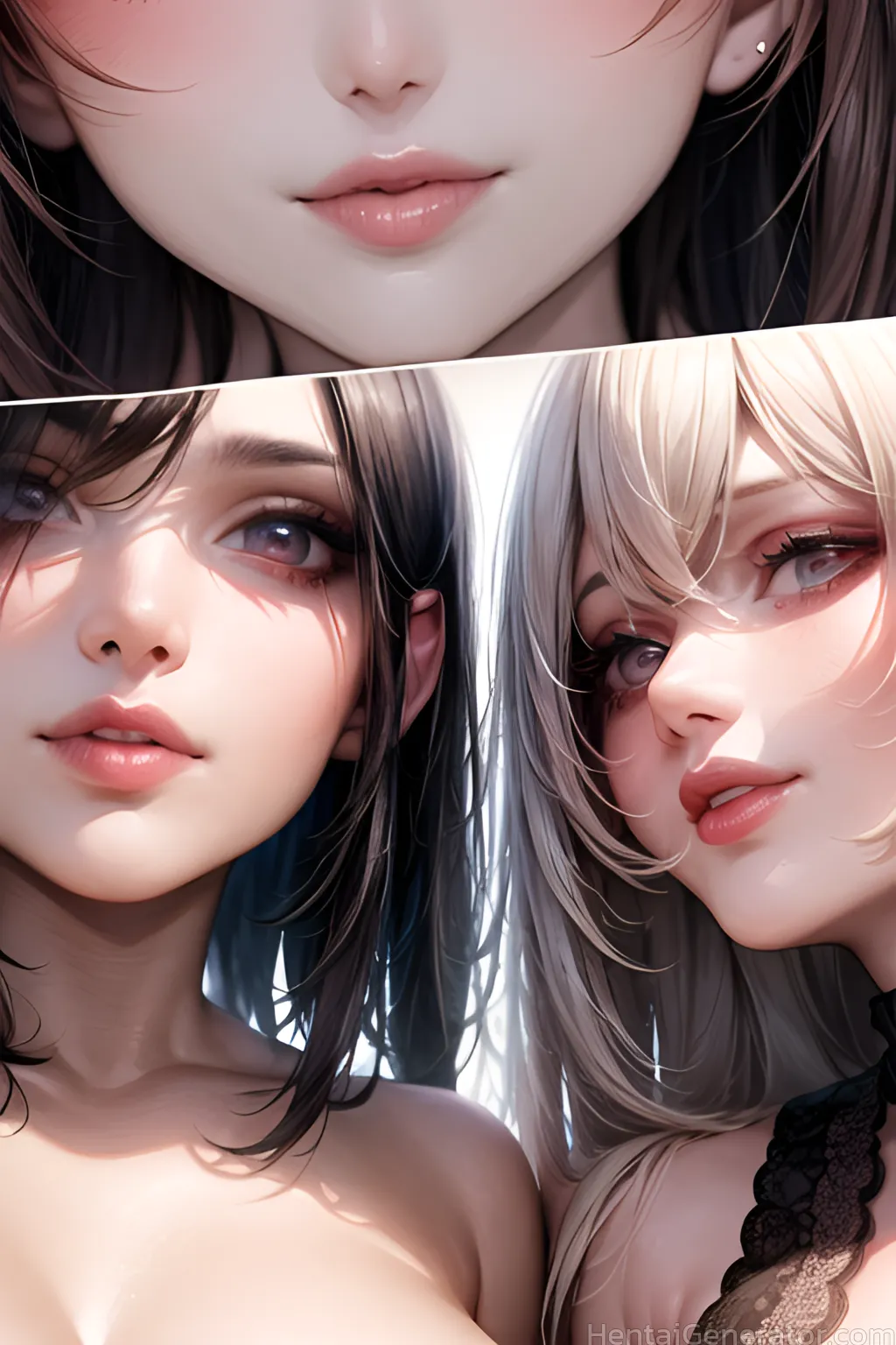  hentaigenerator bangs black hair close-up closed mouth eyelashes face hair between eyes lips lipstick long hair looking at viewer makeup multiple gir